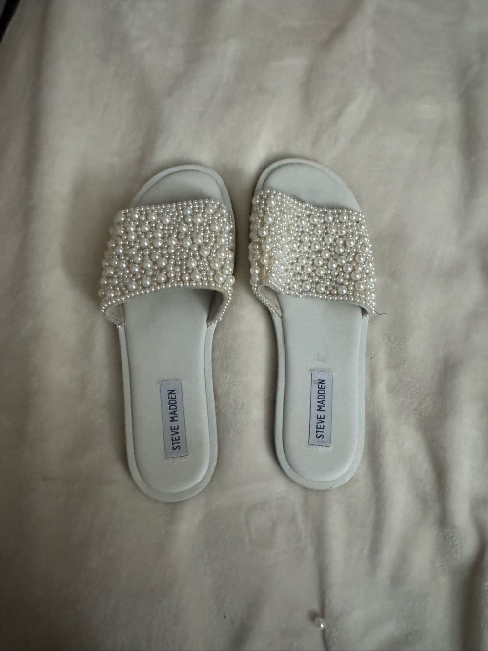Steve Madden Pearl-Embellished White Slide Sandals